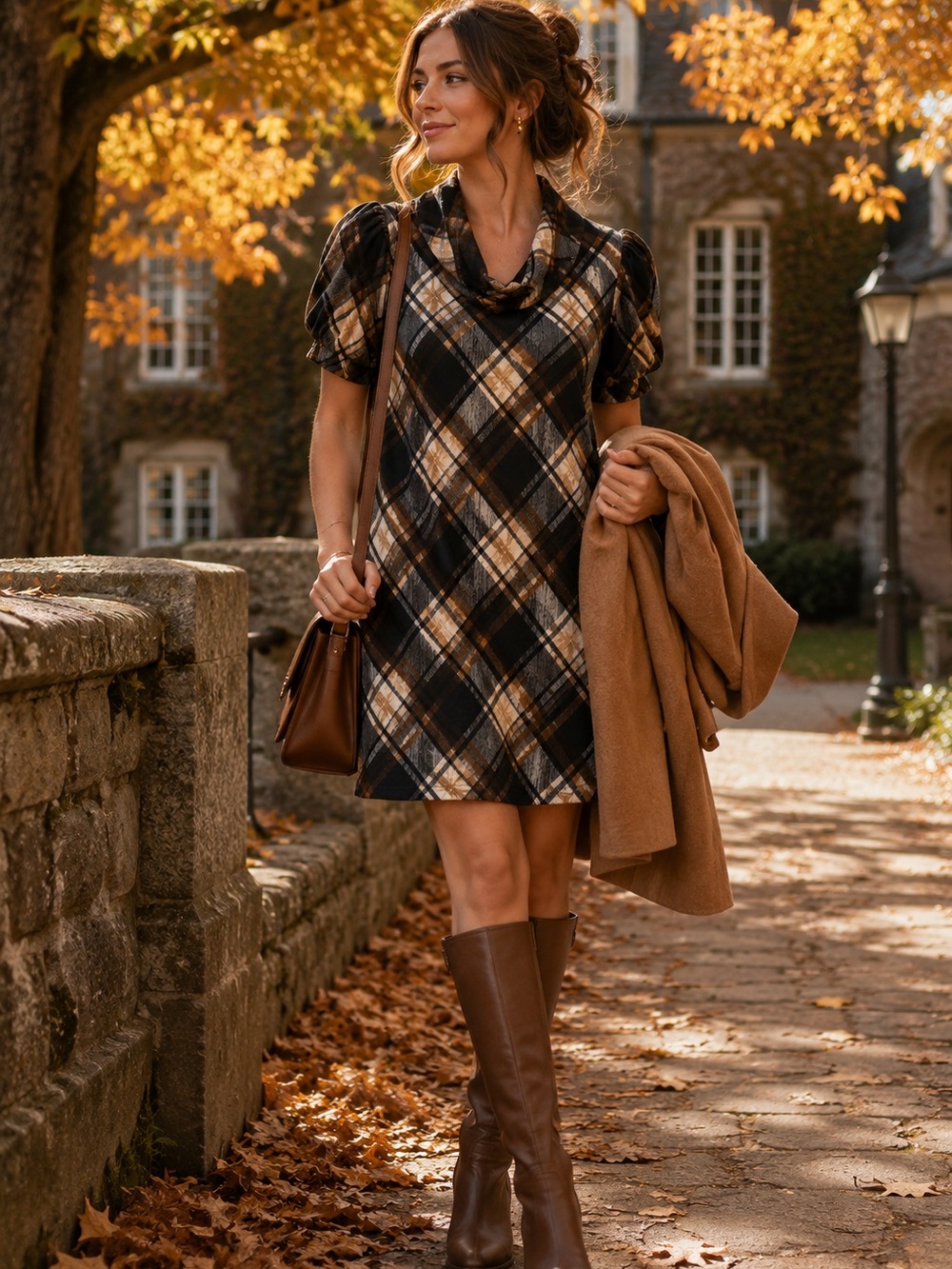 JH Plaid Cowl Neck Puff Sleeve Sweater Knit Dress Brown Black Cottagecore S